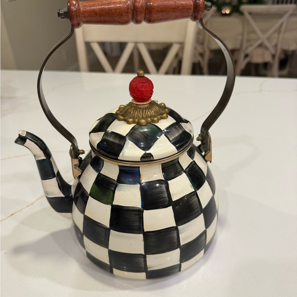 MacKenzie-Childs Black and White Checkered Teapot with Red Knob - Picture 5 of 8